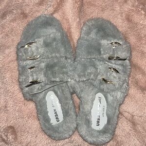 J/Slides Women's 9M BABEE Light Gray Faux Fur Slippers in Grey